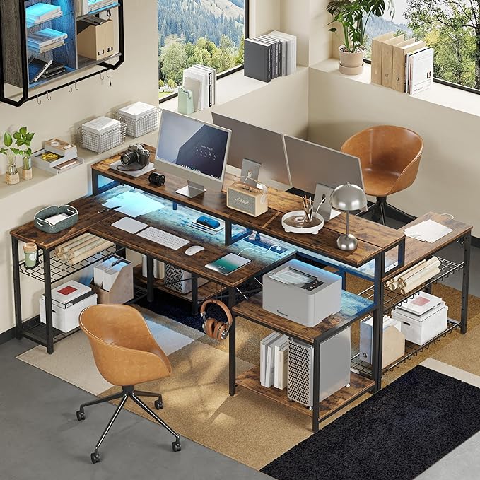 Bestier 71.5 inch Computer Desk with Power Outlets, L Shaped LED Home Office Desk with Long Monitor Stand, Large Corner Desk with Storage Shelf, Cup Holder & Headset Hooks, Modern Simple Table - LeafyLoom