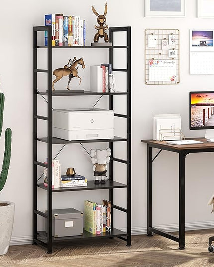 VERMESS Bookshelf Black, 5 Tier Shelving Unit Tall Book Shelf, Wood Bookcase with Open Shelves, Industrial Standing Storage Bookshelves Metal Display Rack for Living Room, Bedroom, Home, Office - LeafyLoom