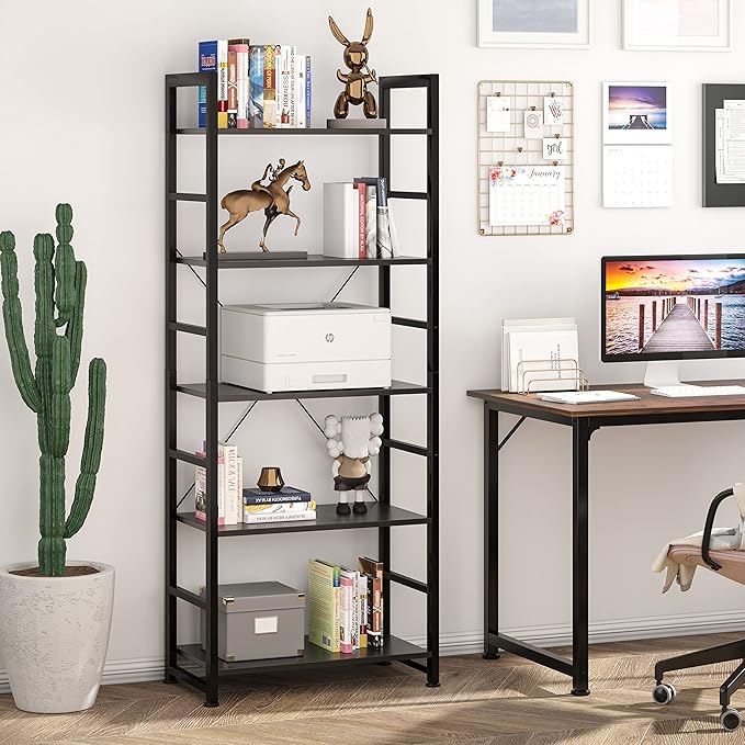 VERMESS Bookshelf Black, 5 Tier Shelving Unit Tall Book Shelf, Wood Bookcase with Open Shelves, Industrial Standing Storage Bookshelves Metal Display Rack for Living Room, Bedroom, Home, Office - LeafyLoom