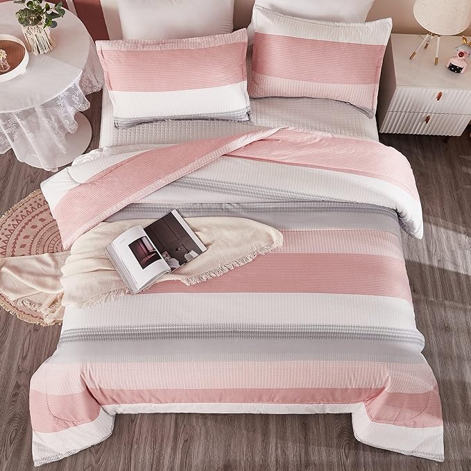 Litanika Pink California King Comforter Set - 3 Pieces Blush Cal King Oversized Lightweight Summer Colorblock Stripe Bedding Set (104x96In, 2 Pillowcases) - LeafyLoom