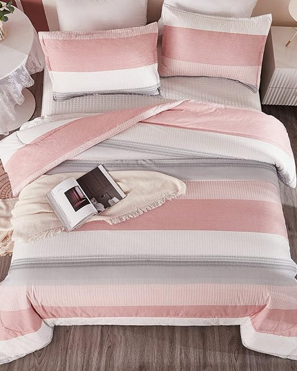 Litanika Pink Full Size Comforter Sets for Girls, 3 Pieces Blush White Colorblock Women Lightweight Bedding Comforter Set - LeafyLoom