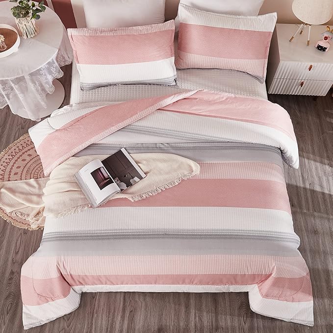 Litanika Pink Full Size Comforter Sets for Girls, 3 Pieces Blush White Colorblock Women Lightweight Bedding Comforter Set - LeafyLoom
