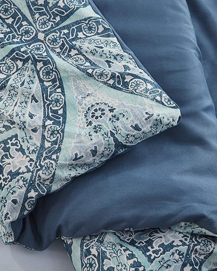 Comfort Spaces Bed in A Bag - Trendy Casual Design Cozy Comforter with Complete Sheet Set with Side Pocket, All Season Cover, Matching Shams, Full(80"x90"), Gloria, Damask Blue 9 Piece - LeafyLoom