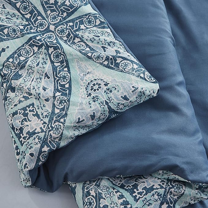Comfort Spaces Bed in A Bag - Trendy Casual Design Cozy Comforter with Complete Sheet Set with Side Pocket, All Season Cover, Matching Shams, Full(80"x90"), Gloria, Damask Blue 9 Piece - LeafyLoom