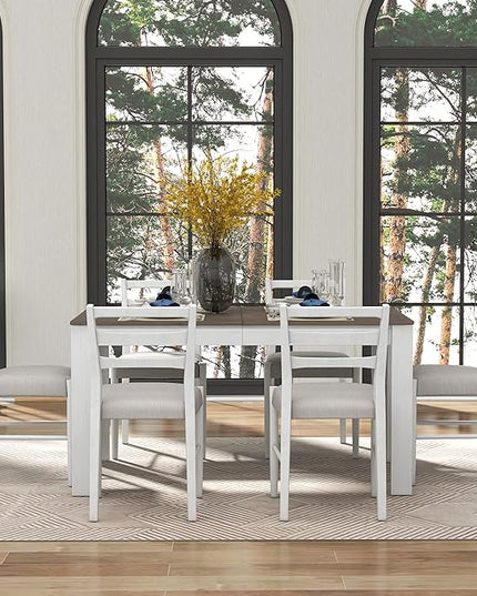 Modernization Wooden Mutifunctional Extendable 12” Leaf and 2 Drawers, 6 Chairs with Soft Cushion, for Dinningroom, 7 Piece Dining Table Set, Brown+White 31 - LeafyLoom