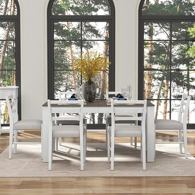 7-Piece Modernization Extendable Dining, Mutifunctional Wooden Kitchen Table Set with 12" Leaf and 2 Drawers, 6 Chairs with Soft Cushion, Brown + White, Onesize - LeafyLoom