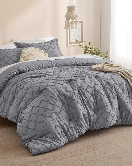 Bedsure Queen Comforter Set - Grey Comforter, Boho Tufted Shabby Chic Bedding Comforter Set, 3 Pieces Vintage Farmhouse Bed Set for All Seasons, Fluffy Soft Bedding Set with 2 Pillow Shams - LeafyLoom