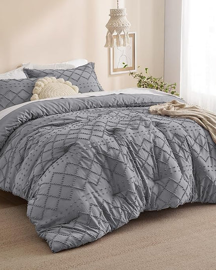 Bedsure California King Comforter Set - Grey Comforter, Boho Tufted Shabby Chic Bedding Comforter Set, 3 Pieces Farmhouse Bed Set for All Seasons, Fluffy Soft Bedding Set with 2 Pillow Shams - LeafyLoom
