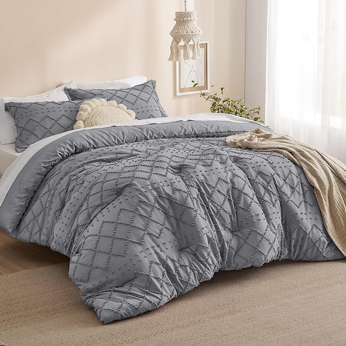 Bedsure Twin/Twin XL Comforter Set - Grey Boho Twin Extra Long Comforter Set for College, Shabby Chic Dorm Bedding Set, 2 Pieces Modern Farmhouse Bed Set, includes 1 Pillow Sham - LeafyLoom