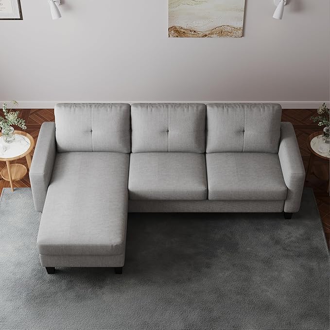 L Shaped Convertible Sectional Sofa, 3 Seater Linen Fabric Corner Couch with Reversible Chaise Movable Ottoman, Button Tufted Sofa&Couches for Small Apartments, Living Rooms and Offices - LeafyLoom