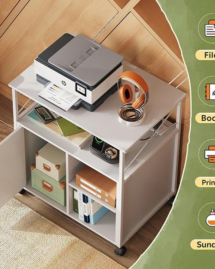 DEVAISE File Cabinet with Charging Station, Lockable Lateral Filing Cabinets for Home Office, Printer Cabinet Accommodates A4/Letter size file folders, White - LeafyLoom
