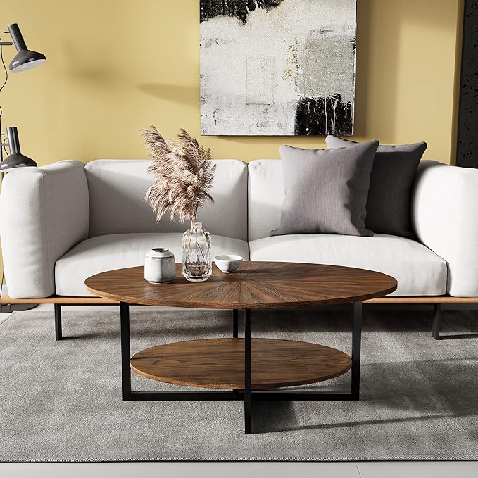 Solid Wood Oval Coffee Table with Cross Metal Legs, 43.3in Modern Industrail Center Table with Open Shelf Cocktail Tea Table for Living Room Bedroom, Rustic Brown 1811NC - LeafyLoom