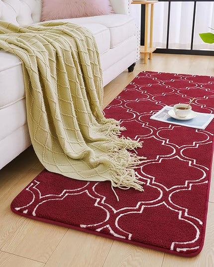Chicrug Shag Geometric Modern Runner Rug for Bedroom, 2x6 Feet Memory Foam Indoor Hallway Runner Carpet, Fluffy Rug for Living Room Bedside Room Decor for Family, Wine Red/White - LeafyLoom