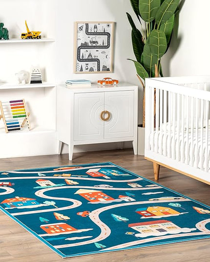 nuLOOM Zita Neighborhood Machine Washable Kids Ultra Thin Area Rug, 4' x 6', Blue Multi - LeafyLoom