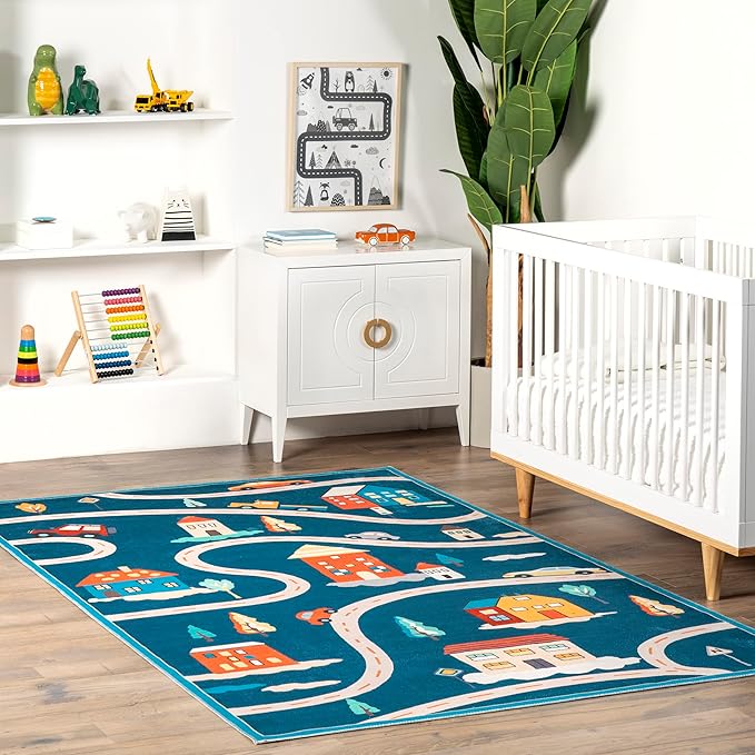 nuLOOM Zita Neighborhood Machine Washable Kids Ultra Thin Area Rug, 5' x 8', Blue Multi - LeafyLoom