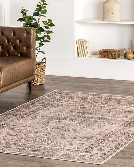 nuLOOM Amie Persian Border Machine Washable Ultra Thin Area Rug, 4' x 6', Light Brown - LeafyLoom