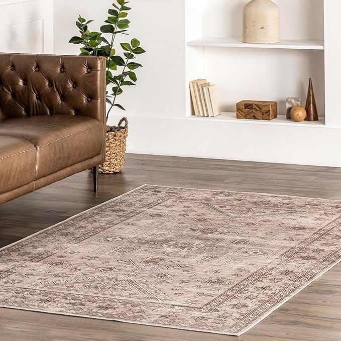 nuLOOM Amie Persian Border Machine Washable Ultra Thin Area Rug, 4' x 6', Light Brown - LeafyLoom