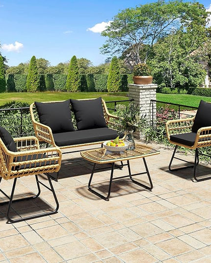 YITAHOME 4-Piece Patio Furniture Wicker Outdoor Bistro Set, All-Weather Rattan Conversation Loveseat Chairs for Backyard, Balcony and Deck with Soft Cushions and Metal Table (Light Brown+black) - LeafyLoom