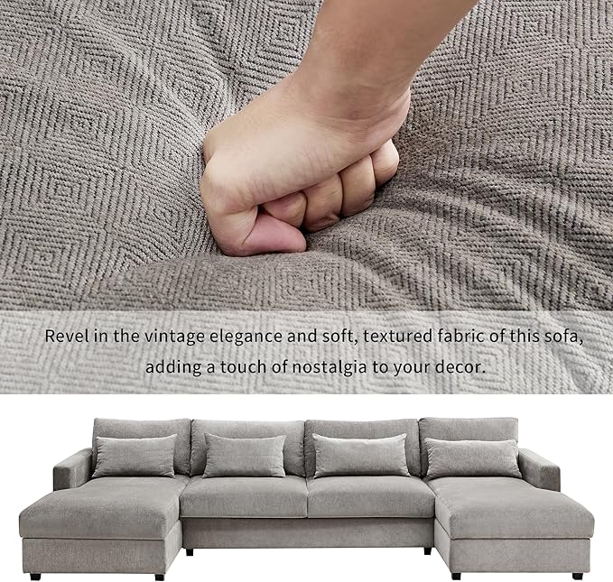 UBGO Modular Sectiona Oversized, Living Room Furniture Sets, couches with 2 Chaise w/Storage 4 Lumbar Support Pillows Space Dorm Apartment-Gray, 128.3" Large U-Shape Sectional Sofa, Grey a - LeafyLoom
