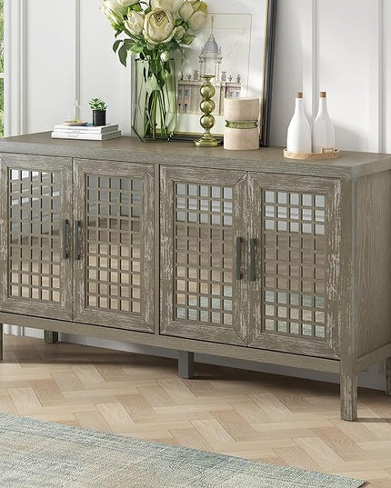 Merax Sideboard Buffet Cabinet, with Storage and 4 Mirror Doors, Retro Farmhouse Style, for Living, Dining Room and Kitchen, Grey - LeafyLoom