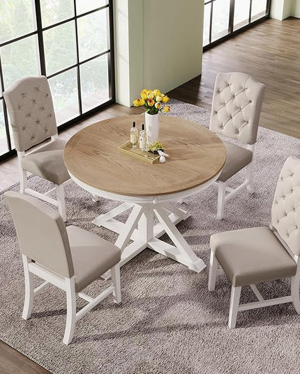 Small Dining Table Set for 4-6, Modern Round Extendable Table and Upholstered Chairs, X-Shaped Cross Base, Button Tufting Backrest, Retro Style Home Furniture for Small Spaces, Living Room - LeafyLoom