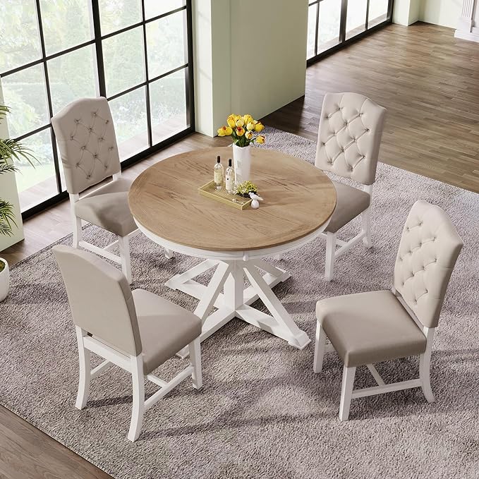 Small Dining Table Set for 4-6, Modern Round Extendable Table and Upholstered Chairs, X-Shaped Cross Base, Button Tufting Backrest, Retro Style Home Furniture for Small Spaces, Living Room - LeafyLoom