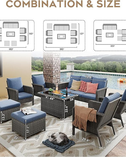 Yechen Patio Conversation Set 9 Seats with 44" Propane Gas Fire Pit Table - 8 Pcs Outdoor Wicker Furniture Set with Lid & Wind Shields - Sectional Sofa Set for Porch,Backyard - LeafyLoom