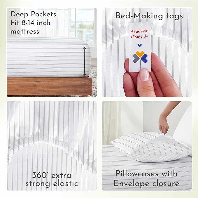 California Design Den Full Sheet Set Stripe, 100% Cotton, 4 Pc Deep Pocket Full Sheets & Pillowcase Set - Classic Stripe - LeafyLoom