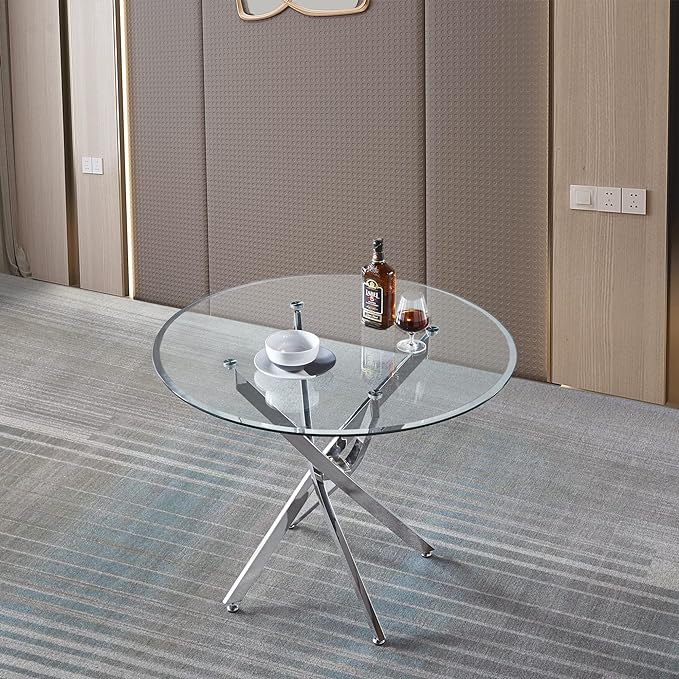 NicBex Modern Round Glass Dining Table Contemporary Round Clear Dining Tempered Glass Table with Silver Finish Stainless Steel Legs for Kitchen Dining Living Meeting Room Banquet Hall, Silver - LeafyLoom