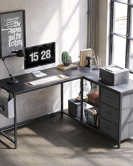 Treesland L Shaped Desk with Drawers, Computer Desk with Storage & Shelves, Corner Desk with Storage, Home Office Desks with Drawers, L Shape Desks with Storage, Black - LeafyLoom