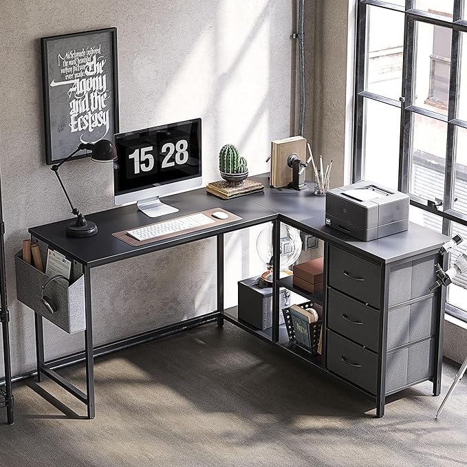 Treesland L Shaped Desk with Drawers, Computer Desk with Storage & Shelves, Corner Desk with Storage, Home Office Desks with Drawers, L Shape Desks with Storage, Black - LeafyLoom