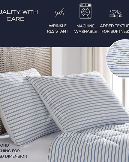 Nautica - Queen Comforter Set, Luxuriously Soft Seersucker Textured Bedding with Matching Shams, Wrinkle-Free Striped Home Decor (Windsor Blue, Queen) - LeafyLoom