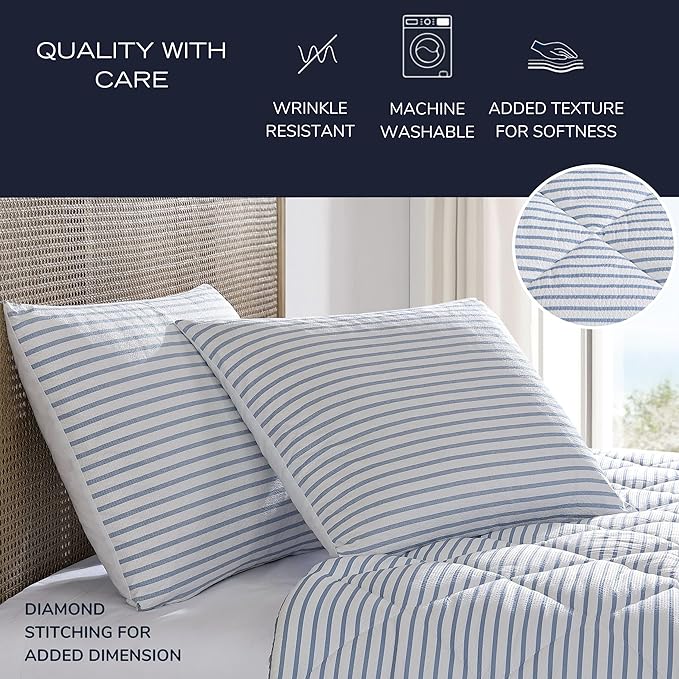 Nautica - Queen Comforter Set, Luxuriously Soft Seersucker Textured Bedding with Matching Shams, Wrinkle-Free Striped Home Decor (Windsor Blue, Queen) - LeafyLoom