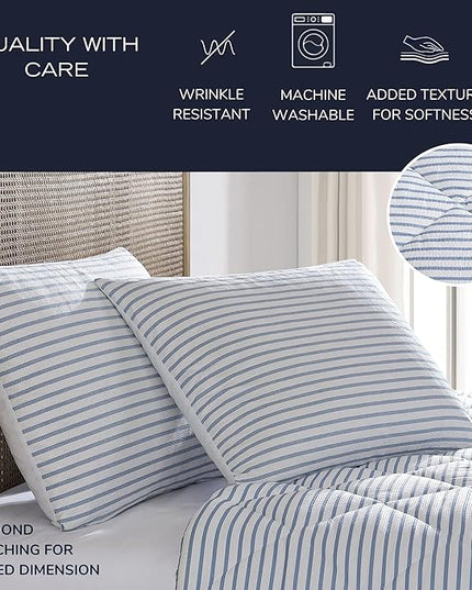 Nautica - King Comforter Set, Luxuriously Soft Seersucker Textured Bedding with Matching Shams, Wrinkle-Free Striped Home Decor (Windsor Blue, King) - LeafyLoom