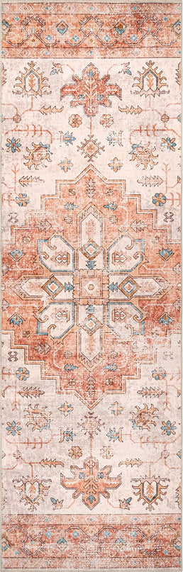 nuLOOM Dawson Machine Washable Distressed Medallion Ultra Thin Runner Rug, 2' 6" x 8', Peach - LeafyLoom