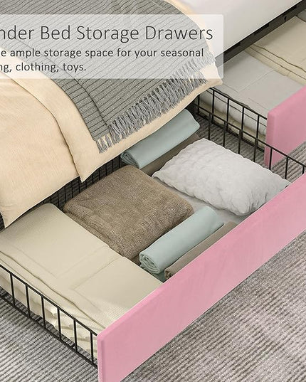 VECELO Queen Size Upholstered Platform Bed Frame with 4 Storage Drawers, Adjustable Velvet Rivets Headboard, Wooden Slats Support, No Box Spring Needed, Easy Assembly - LeafyLoom