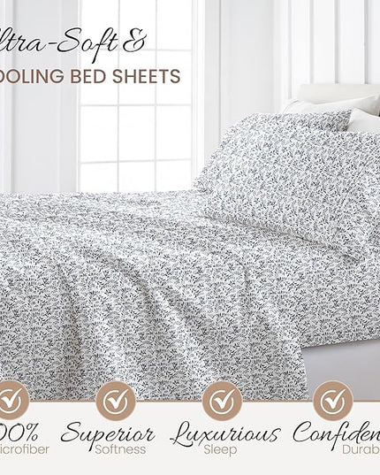 Linen Market Easy Care Double Brushed Microfiber 16" Deep Pocket 4 Piece Bed Sheet Set, Burst of Vines Navy, King - LeafyLoom