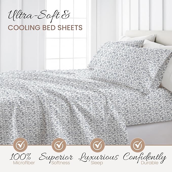 Linen Market Easy Care Double Brushed Microfiber 16" Deep Pocket 4 Piece Bed Sheet Set, Burst of Vines Navy, King - LeafyLoom