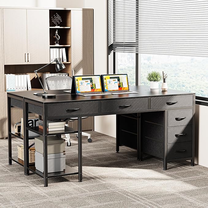 Computer Desk with 6 Drawers, 54 Inch Office Desk with Shelves, Reversible Gaming Desk, Corner Desk with Storage, Work Desk for Home Office, Study, Living Room, Black - LeafyLoom