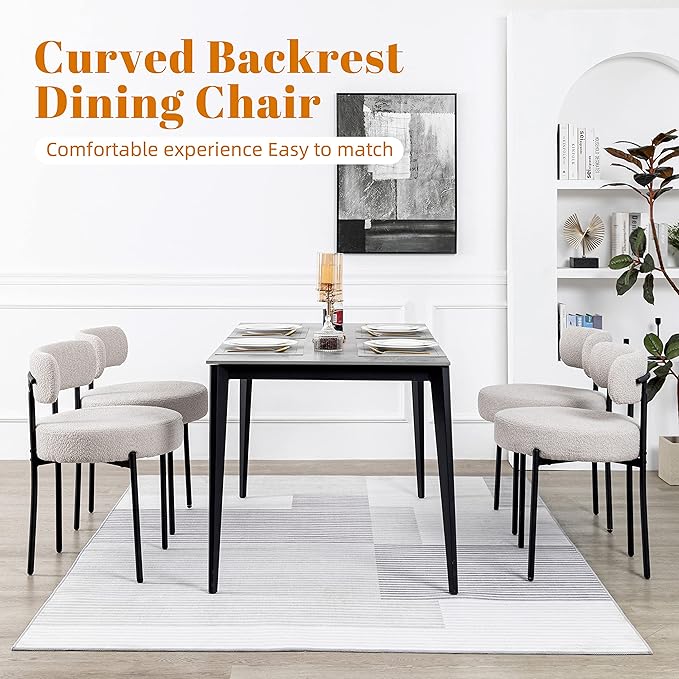 DYHOME Light Grey Dining Chairs Set of 2, Modern Dining Room Chairs Mid-Century, Round Upholstered Kitchen Chairs, Boucle Sherpa Dining Chair with Black Metal Legs - LeafyLoom