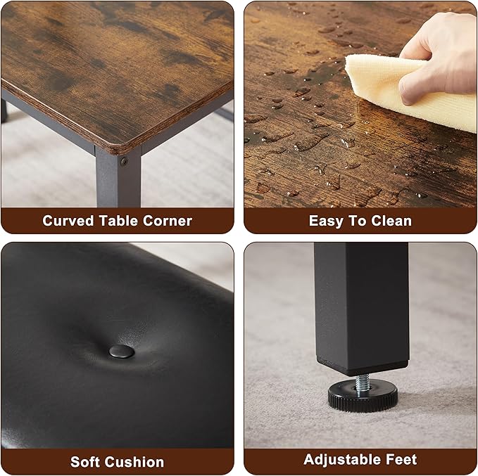 NicBex Dining Table Set Breakfast Nook Table Set Barstool Dining Table with 2 Pu Upholstered Benches Industrial Style Dining Table and Chairs for Kitchen, Living Room, Rustic Brown - LeafyLoom