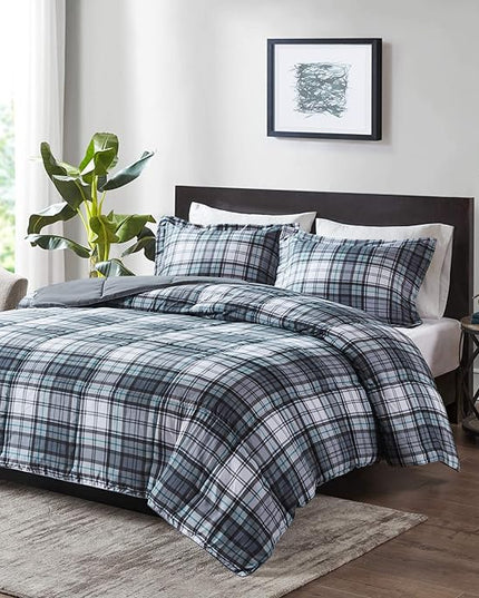 Madison Park Essentials Parkston Plaid Comforter, Matching Sham, 3M Scotchguard Stain Release Cover, Hypoallergenic All Season Bedding-Set, King/California King, Grey, 3 Piece - LeafyLoom