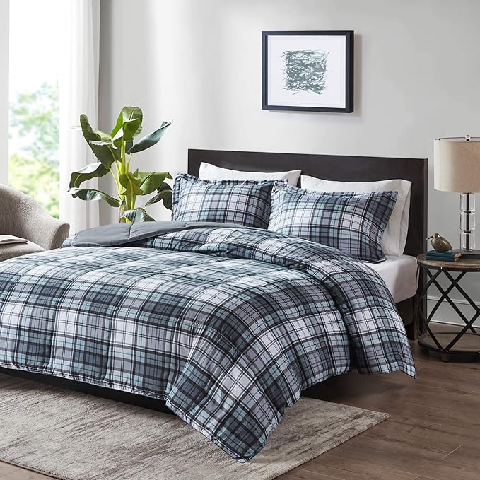 Madison Park Essentials Parkston Plaid Comforter, Matching Sham, 3M Scotchguard Stain Release Cover, Hypoallergenic All Season Bedding-Set, King/California King, Grey, 3 Piece - LeafyLoom