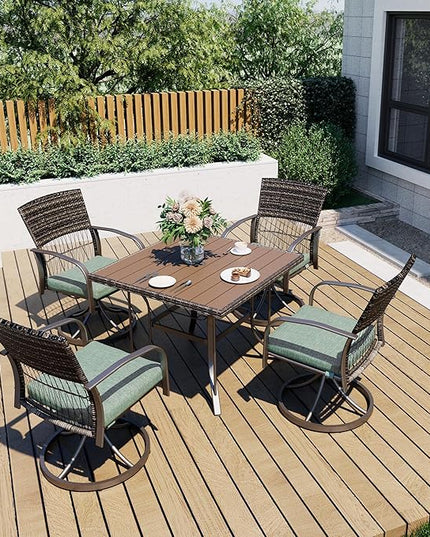 Pamapic 5 Piece Outdoor Dining Set, Rattan Outdoor Patio Furniture Set for Deck Backyard with Plastic-Wood Outdoor Dining Table, 4 Swivel Outdoor Dining Chairs and Removable Cushions (Green) - LeafyLoom