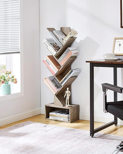 Hoctieon 6 Tier Tree Bookshelf, Tall Bookcase with Drawer, Freestanding Book shelf, Display Floor Standing Storage Shelf, Book Organizer Shelves for Home Office, Living Room, Bedroom, Greige - LeafyLoom