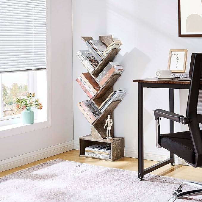 Hoctieon 6 Tier Tree Bookshelf, Tall Bookcase with Drawer, Freestanding Book shelf, Display Floor Standing Storage Shelf, Book Organizer Shelves for Home Office, Living Room, Bedroom, Greige - LeafyLoom