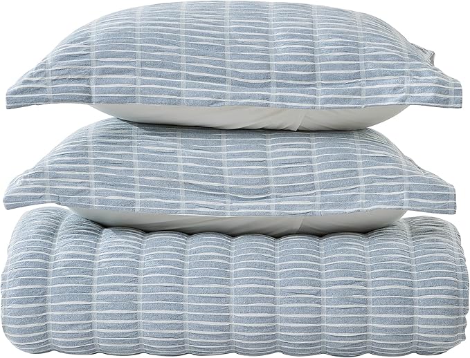 Full/Queen 100% Cotton Comforter Set | Blue Puckered Striped Down Alternative Comforter | All Season, Linen-Like, Textured 3 Piece Bedding Comforter Set (Full/Queen, Blue) - LeafyLoom