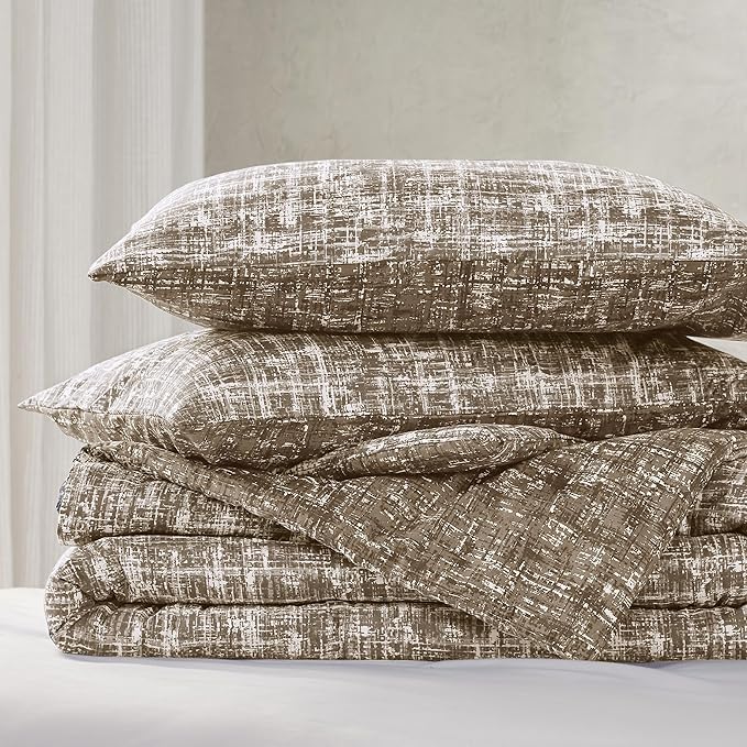 Hyde Lane Comforter King Size for Men, Taupe Modern Farmhouse Aesthetic Soft Bedding Set, Masculine Plaid Lines Pattern Bed Sets for All Season, 3 Pieces includes 1 Comforter, 2 Shams (104"x 90") - LeafyLoom