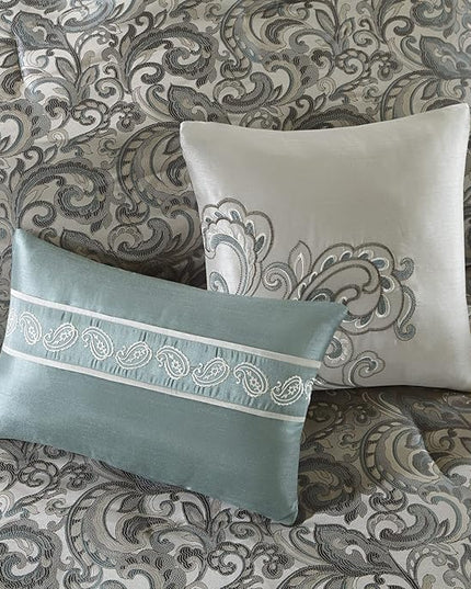 Madison Park 24 Piece Faux Silk Paisley Queen Comforter Set with Matching Curtains, Down Alternative Hypoallergenic - Teal - LeafyLoom