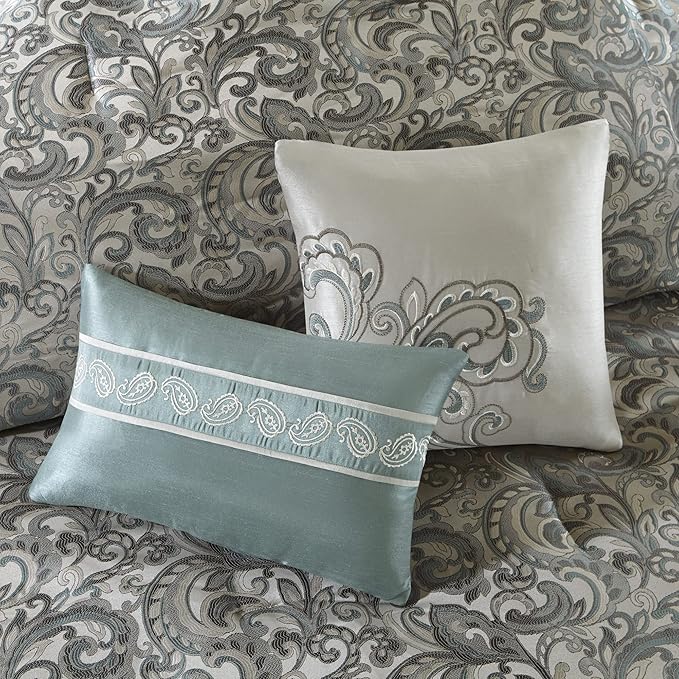 Madison Park 24 Piece Faux Silk Paisley Queen Comforter Set with Matching Curtains, Down Alternative Hypoallergenic - Teal - LeafyLoom
